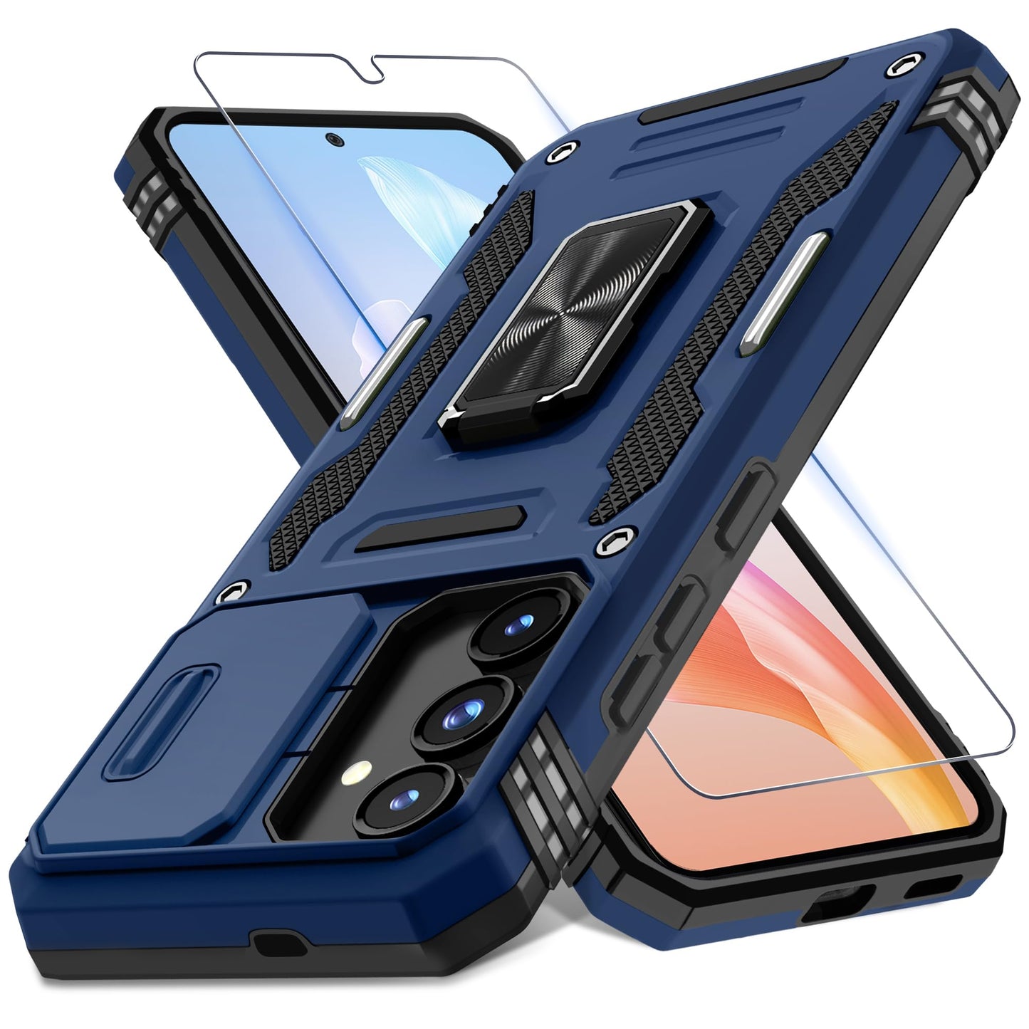 DEERLAMN Case for Samsung Galaxy A17 5G with Slide Camera Cover+Screen Protector (1 Pack), Rotated Ring Kickstand Military Grade Shockproof Protective Cover-Black