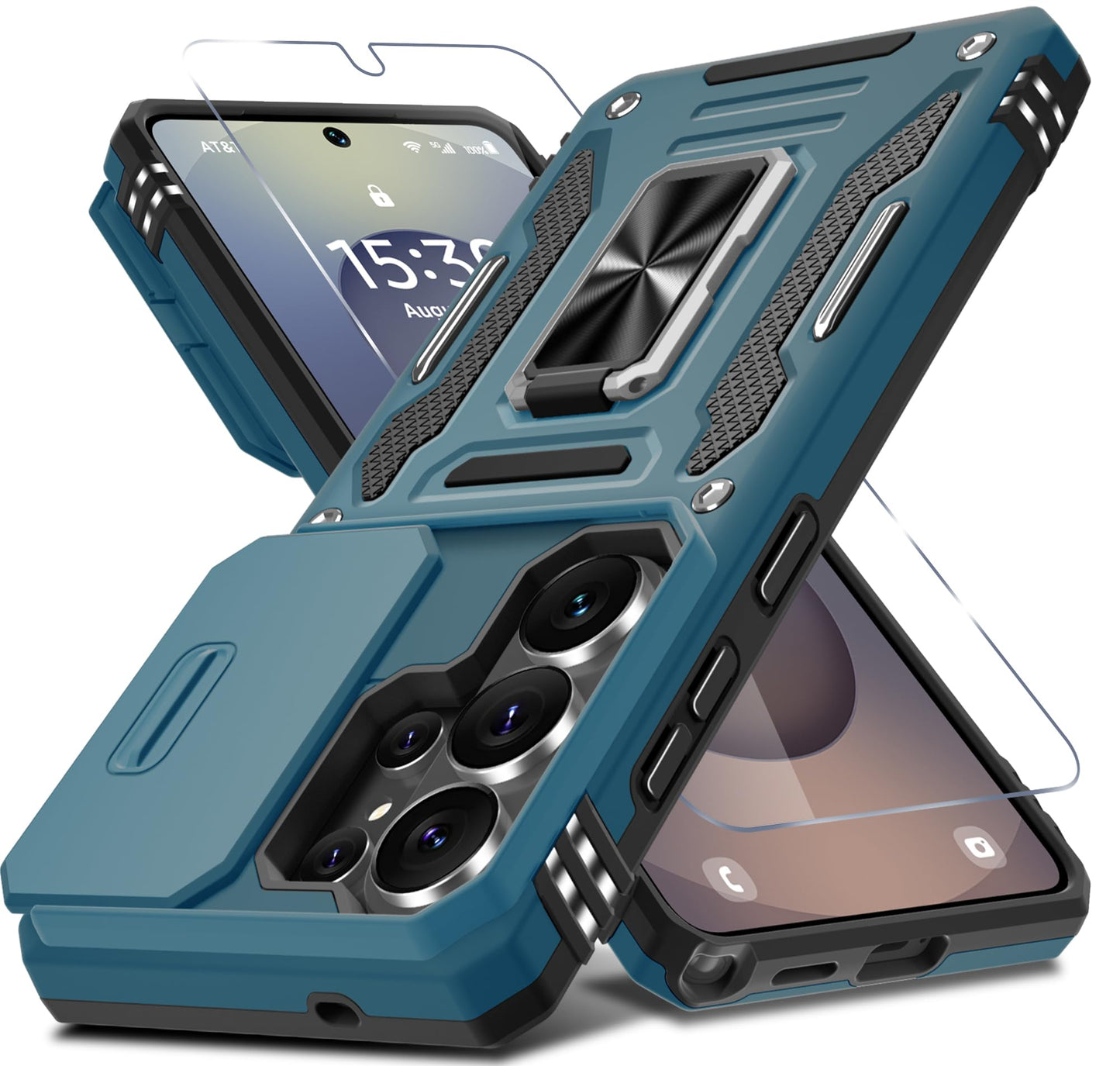 DEERLAMN Case for Samsung Galaxy A17 5G with Slide Camera Cover+Screen Protector (1 Pack), Rotated Ring Kickstand Military Grade Shockproof Protective Cover-Black