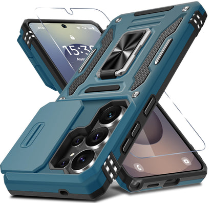 DEERLAMN Case for Samsung Galaxy A17 5G with Slide Camera Cover+Screen Protector (1 Pack), Rotated Ring Kickstand Military Grade Shockproof Protective Cover-Black