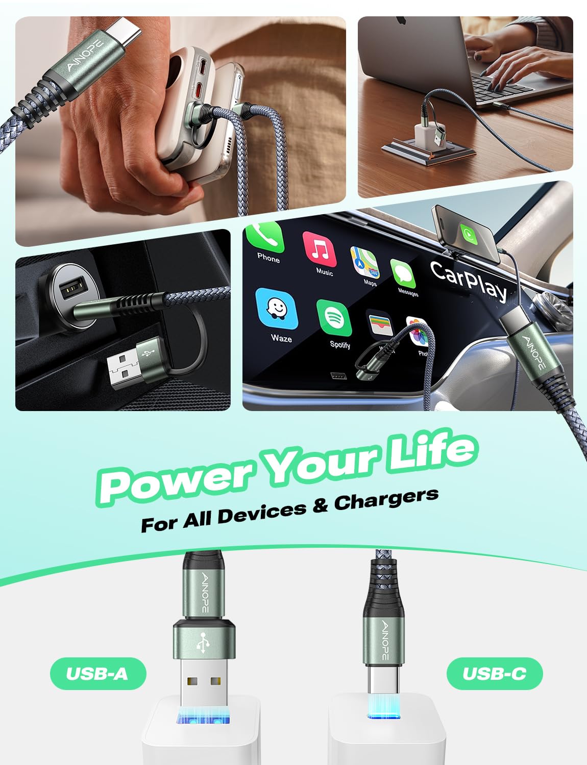 AINOPE 10FT Fast Charge USB C Cable & Adapter - Small Enterprise