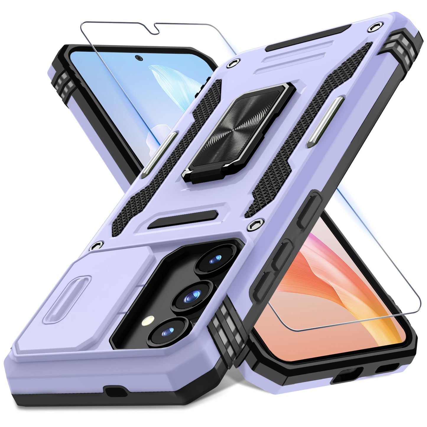 DEERLAMN Case for Samsung Galaxy A17 5G with Slide Camera Cover+Screen Protector (1 Pack), Rotated Ring Kickstand Military Grade Shockproof Protective Cover-Black