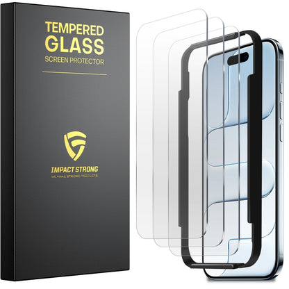 ImpactStrong 3-Pack Shatterproof Tempered Glass Screen Protector for iPhone 15 / iPhone 16 [Easy Installation Frame] [Bubble Free] [9H Hardness] [Full Coverage] Case Friendly, 6.1 Inch