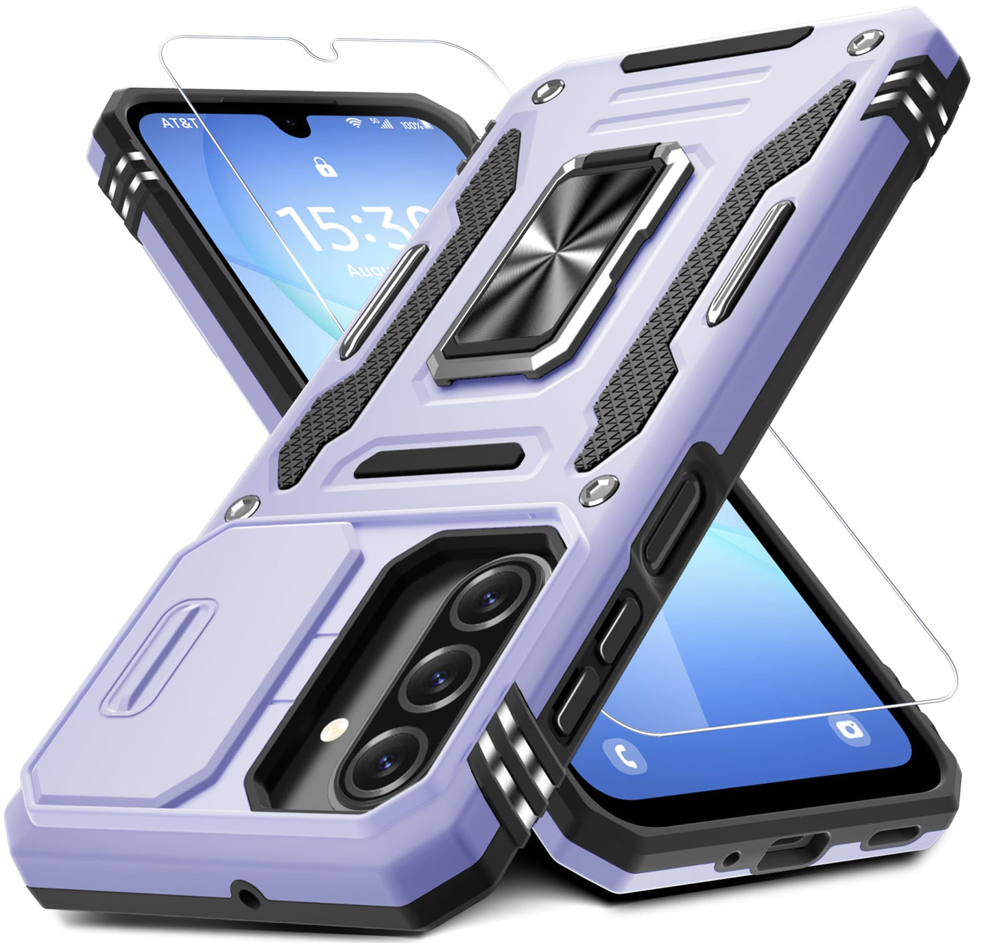 DEERLAMN Case for Samsung Galaxy A17 5G with Slide Camera Cover+Screen Protector (1 Pack), Rotated Ring Kickstand Military Grade Shockproof Protective Cover-Black