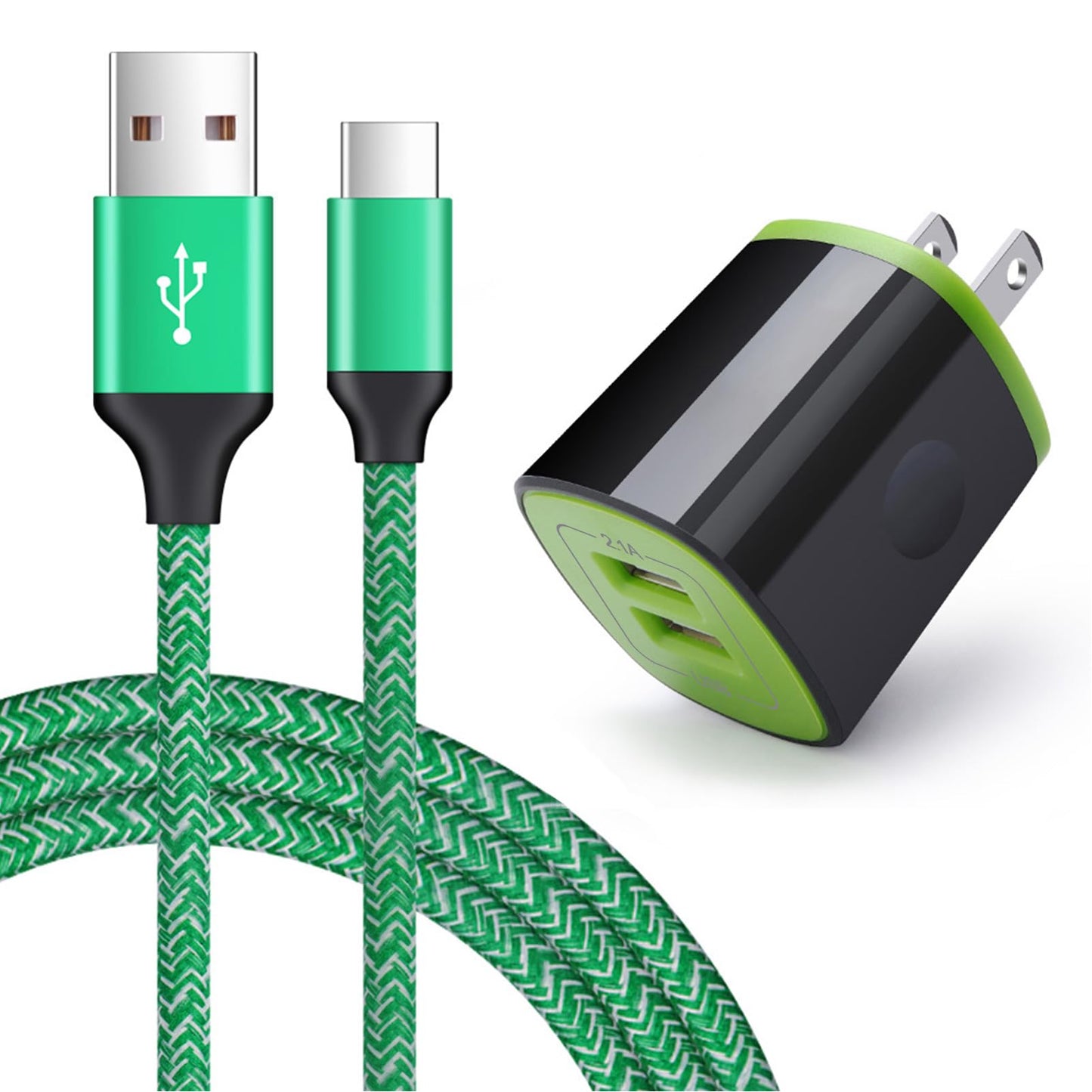 Green braided USB-C to USB cable with a black and green wall charger.
