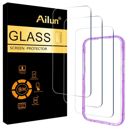Black box with yellow text, three clear screen protectors, and a purple alignment frame.