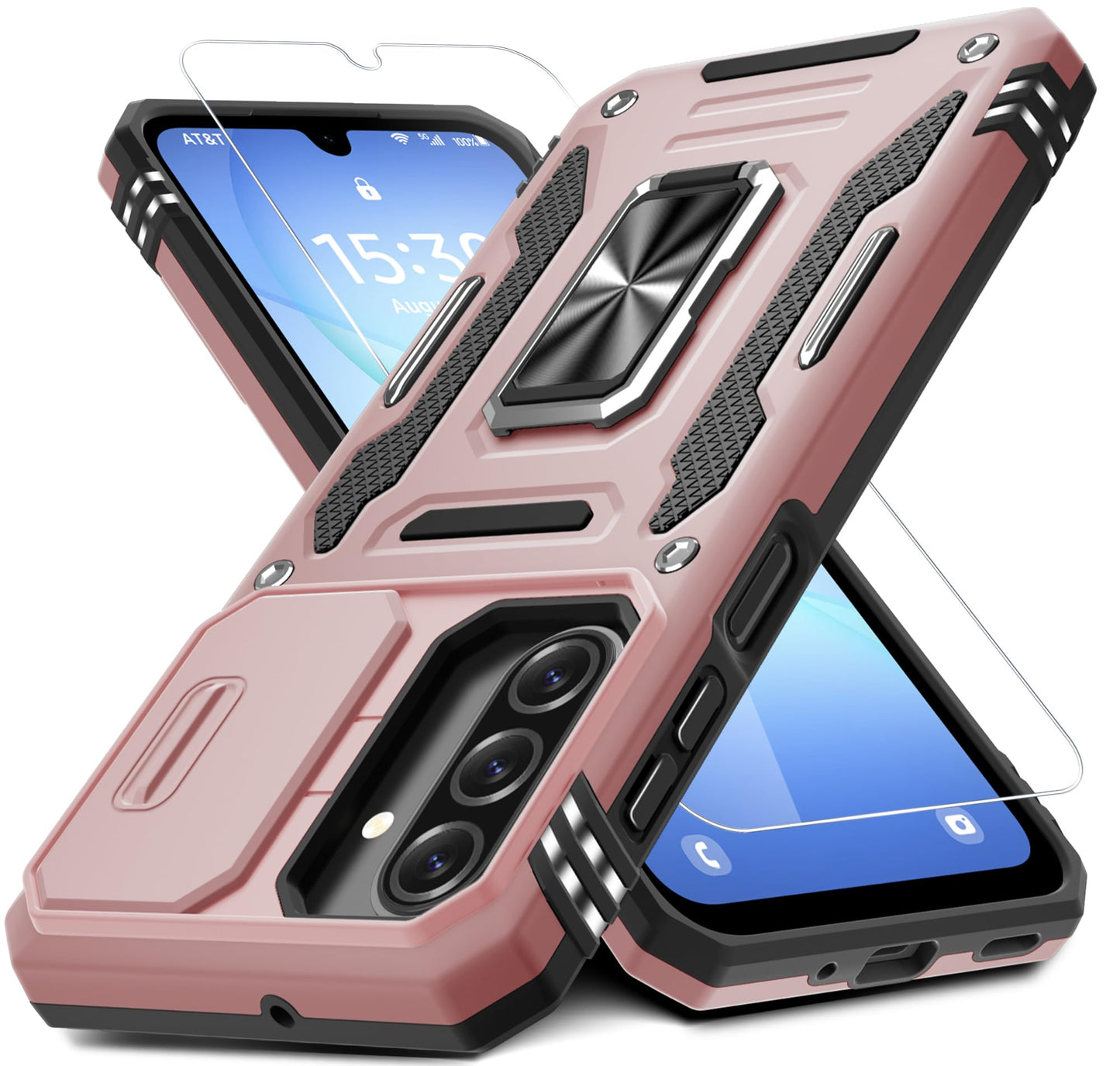 DEERLAMN Case for Samsung Galaxy A17 5G with Slide Camera Cover+Screen Protector (1 Pack), Rotated Ring Kickstand Military Grade Shockproof Protective Cover-Black