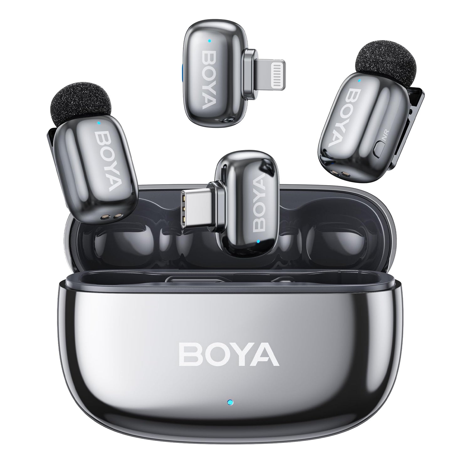 Sleek black and silver wireless earbuds with a charging case, featuring the brand logo "BOYA."