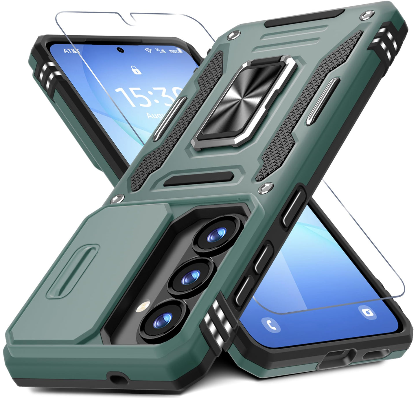 DEERLAMN Case for Samsung Galaxy A17 5G with Slide Camera Cover+Screen Protector (1 Pack), Rotated Ring Kickstand Military Grade Shockproof Protective Cover-Black