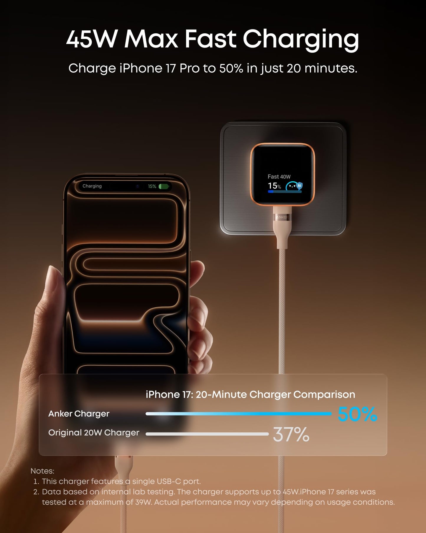 Anker Smart Display Charger,Anker Nano 45W Max GaN Fast Charging USB C Charger Block,180° Foldable Plug,Smart Recognition,Built-in Care Mode,for iPhone17/16/15(Non-Battery,One USB-C Port,No Cable)