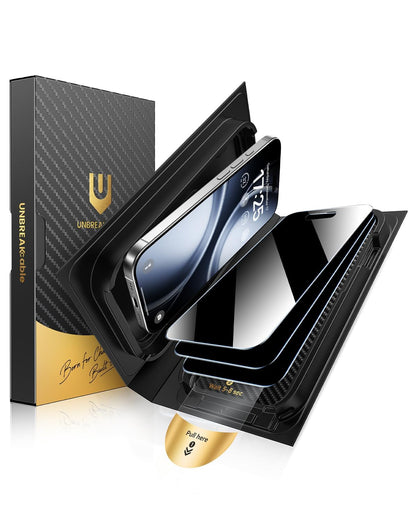 Phone screen protector kit with a black and gold box, showing layers being applied.
