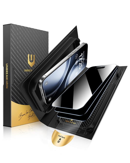 Phone screen protector kit with a black and gold box, showing layers being applied.