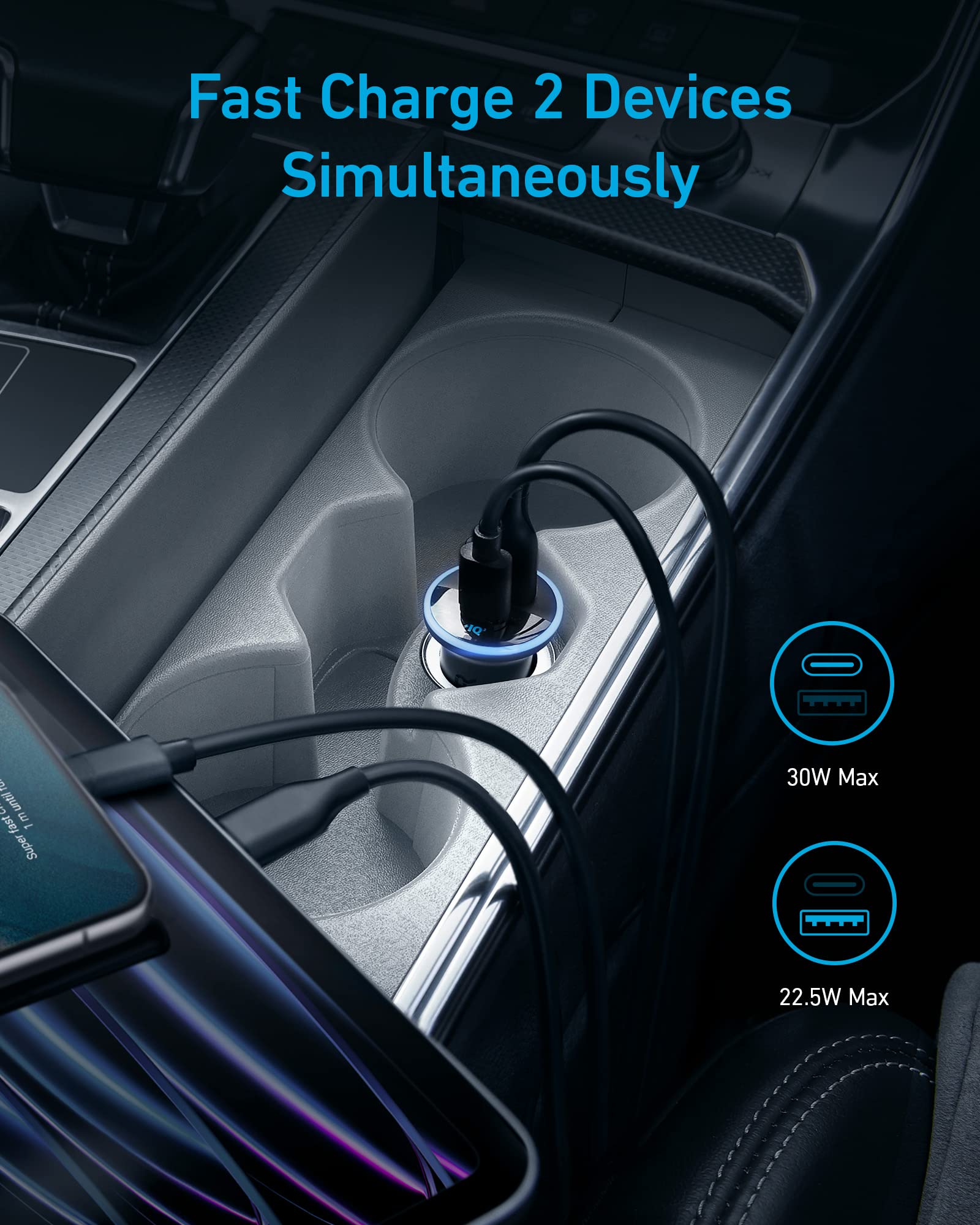 Anker 323 USB-C Car Charger Adapter, 52.5W Cigarette Lighter Charger with 30W PowerIQ 3.0 Fast Charging for iPhone 17/16/15/14/13/12 Series, Galaxy S25/24, Pixel