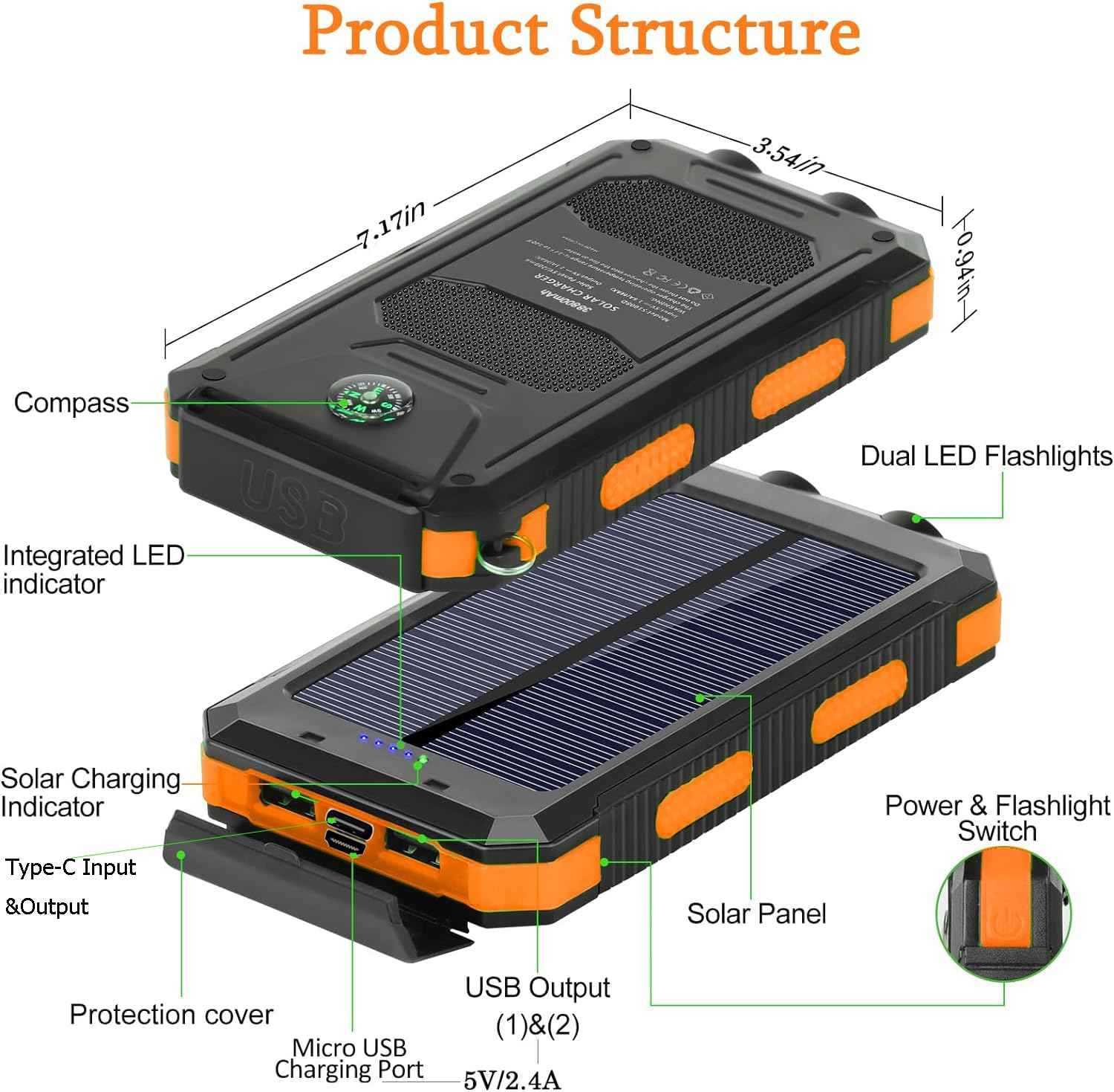 Solar Power Bank 20000mAh with 4 Cables & Flashlights