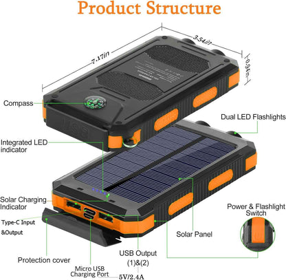 Solar Power Bank 20000mAh with 4 Cables & Flashlights