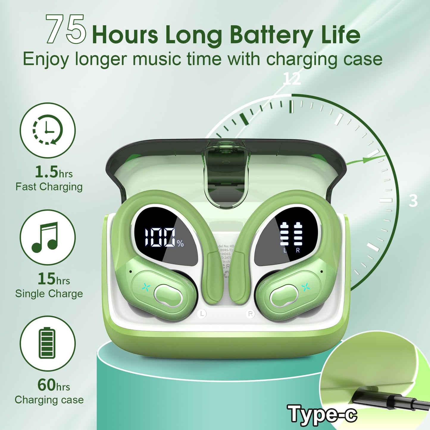 Wireless Earbuds 75hrs Bluetooth 5.4 Sport