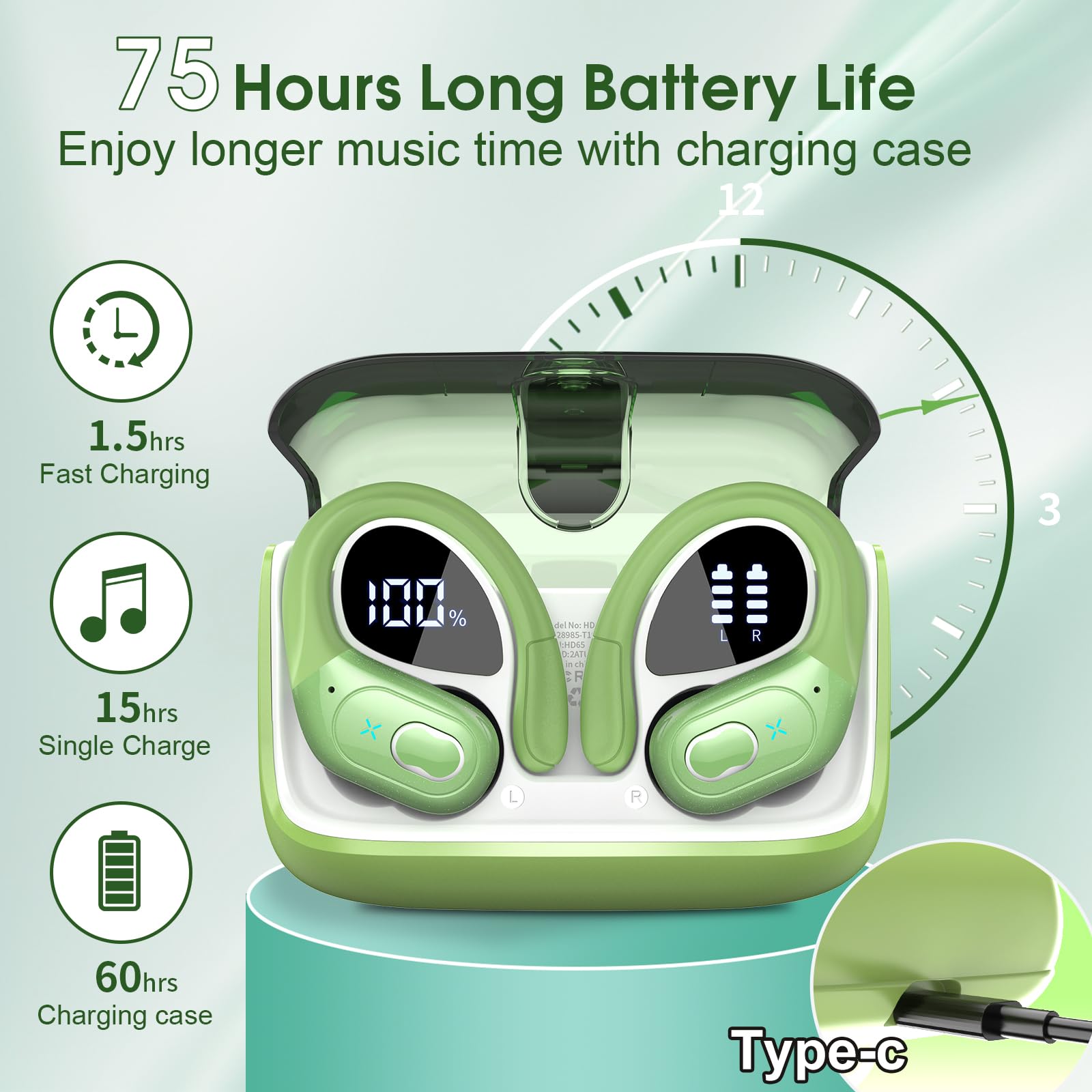 Wireless Earbuds 75hrs Bluetooth 5.4 Sport