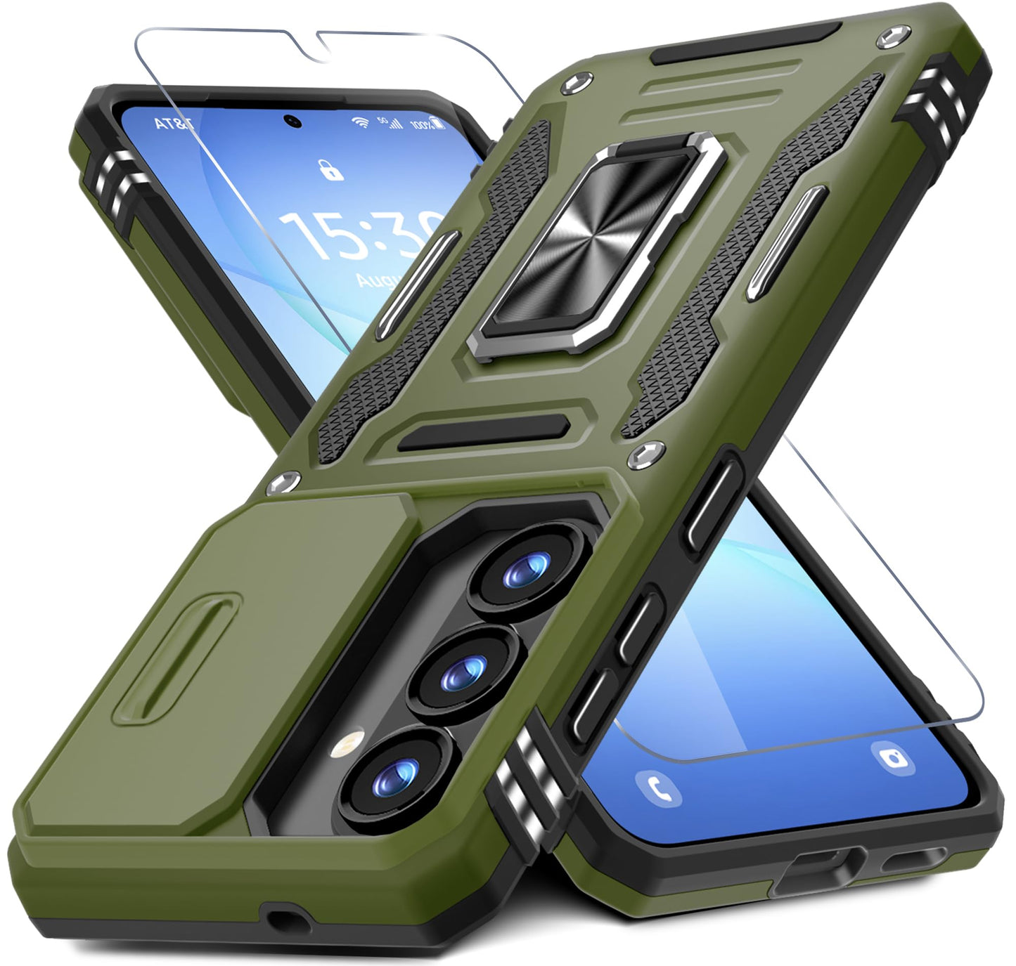 DEERLAMN Case for Samsung Galaxy A17 5G with Slide Camera Cover+Screen Protector (1 Pack), Rotated Ring Kickstand Military Grade Shockproof Protective Cover-Black