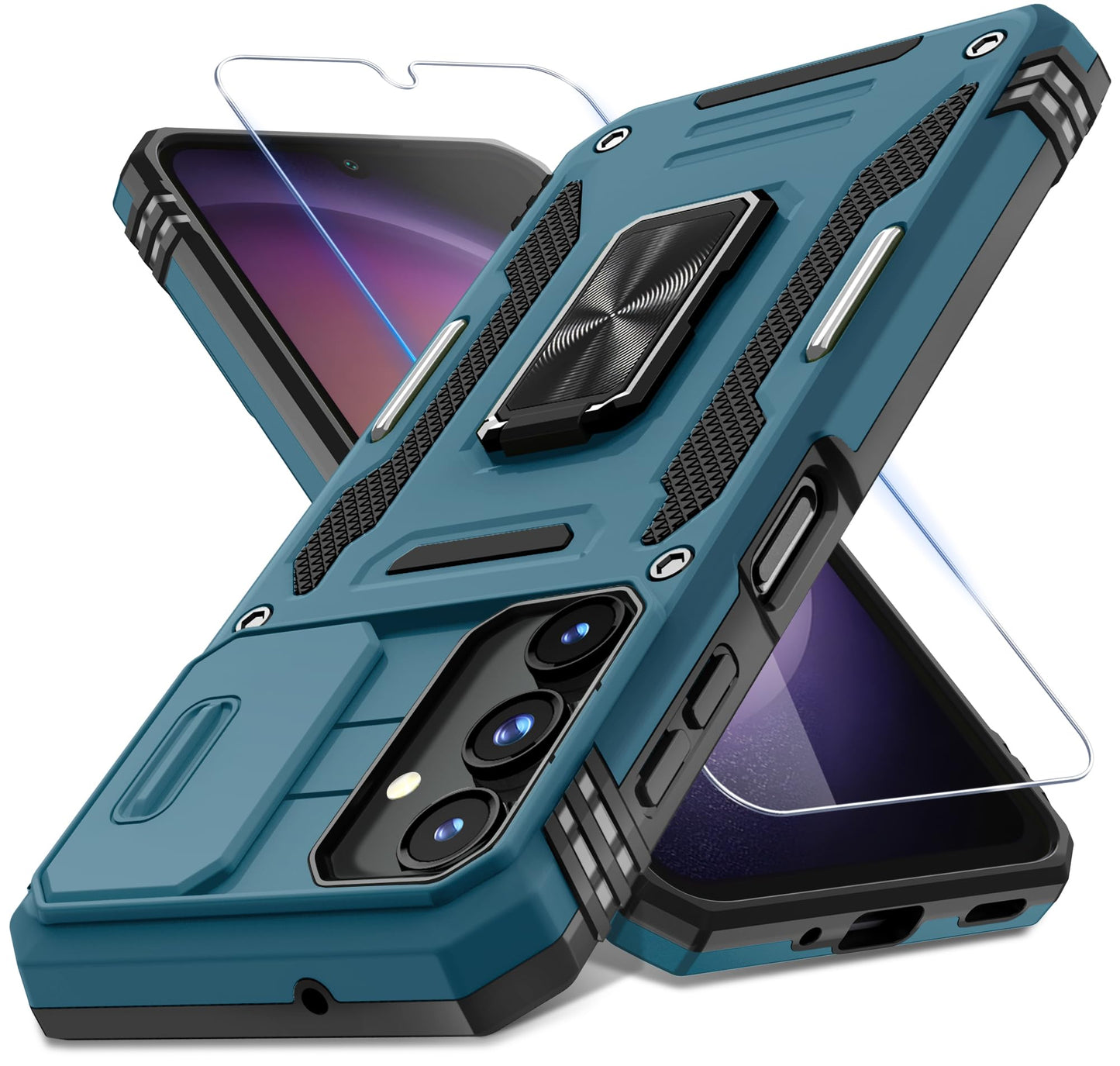 DEERLAMN Case for Samsung Galaxy A17 5G with Slide Camera Cover+Screen Protector (1 Pack), Rotated Ring Kickstand Military Grade Shockproof Protective Cover-Black