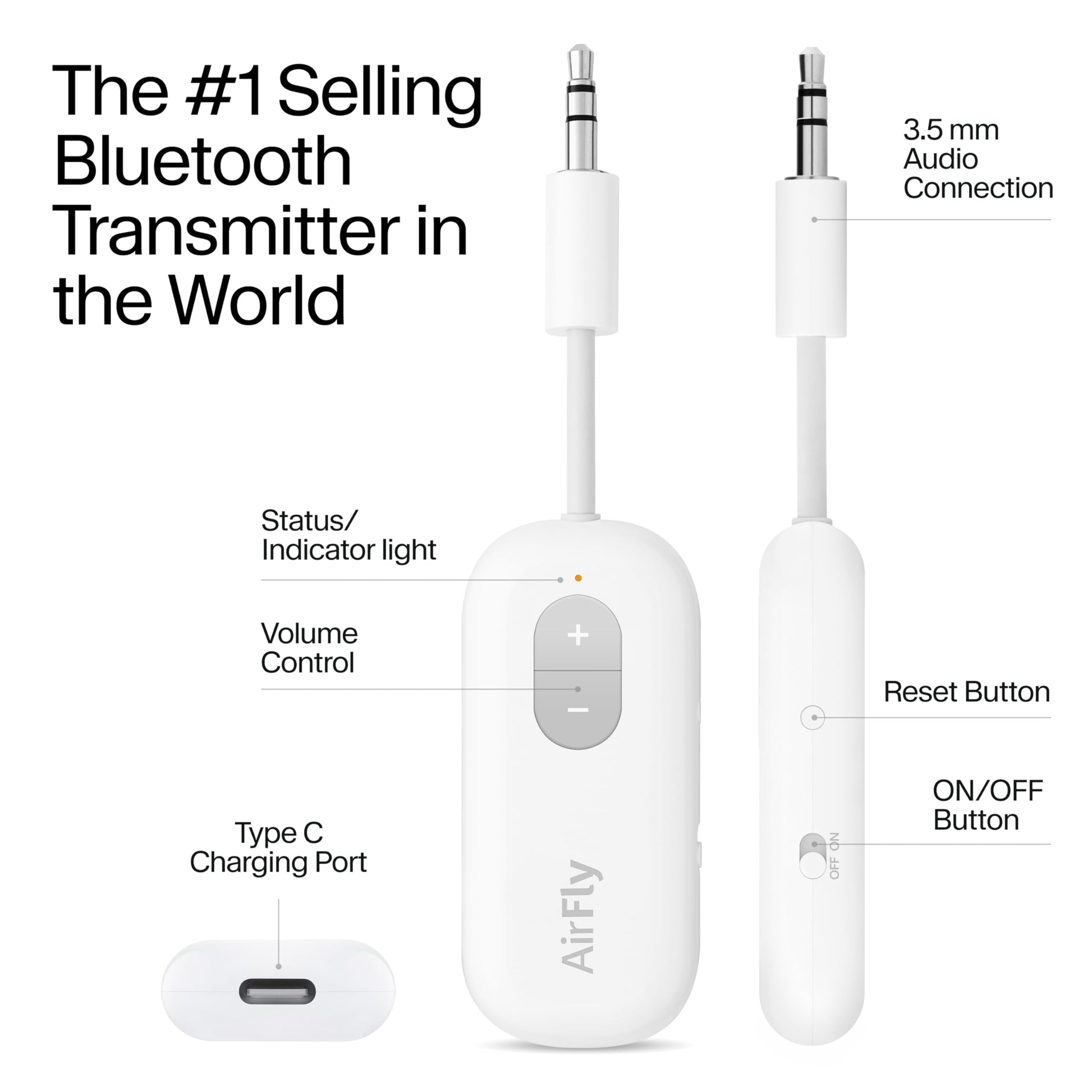 Twelve South AirFly SE | Bluetooth Wireless Audio Transmitter Adapter for AirPods/Headphones, 20+ Hr Battery, Works with 3.5mm aux Jacks on Airplanes, TVs, Gym Equipment, and Travel - Small Enterprise
