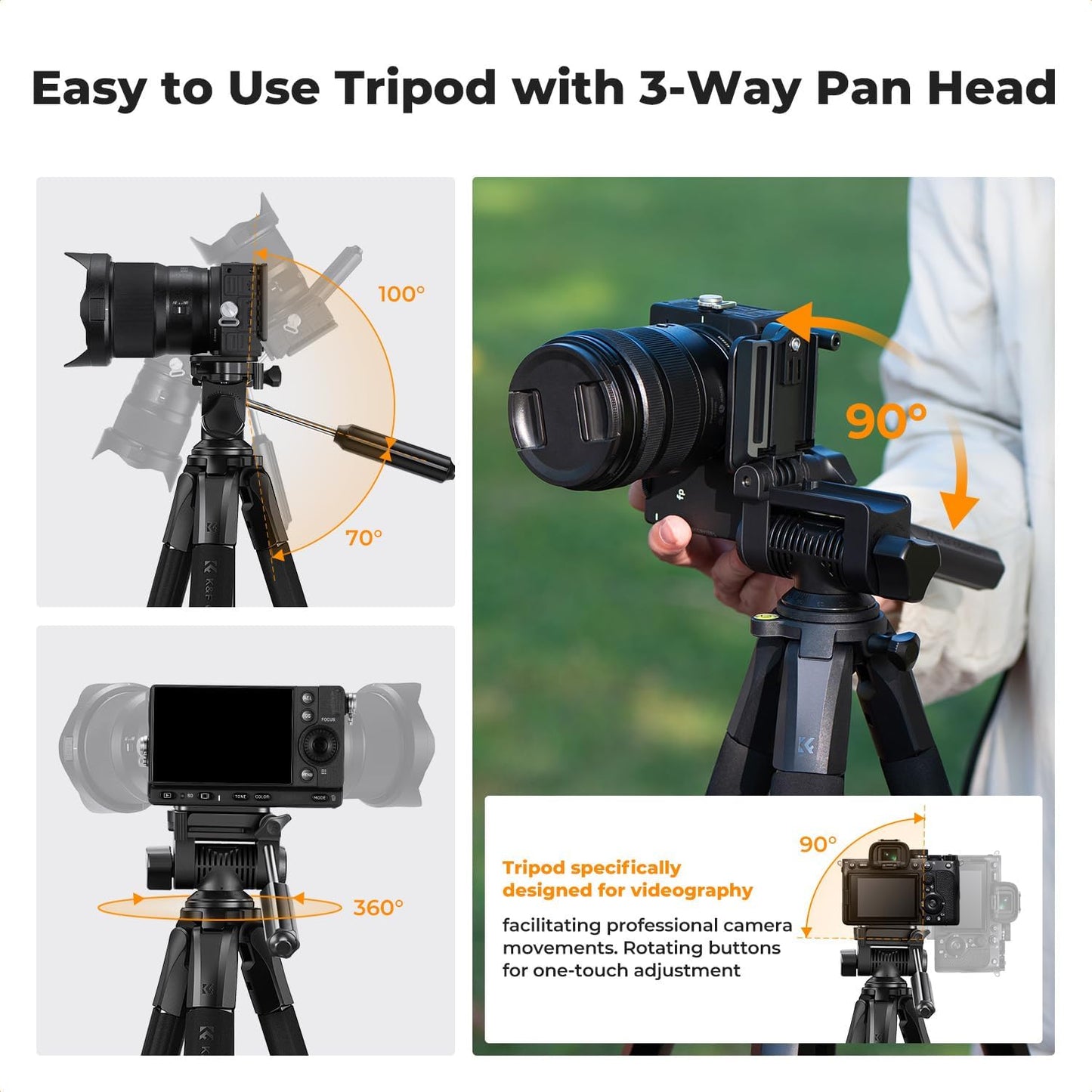 K&F CONCEPT 75 Portable Camera Tripod, Black