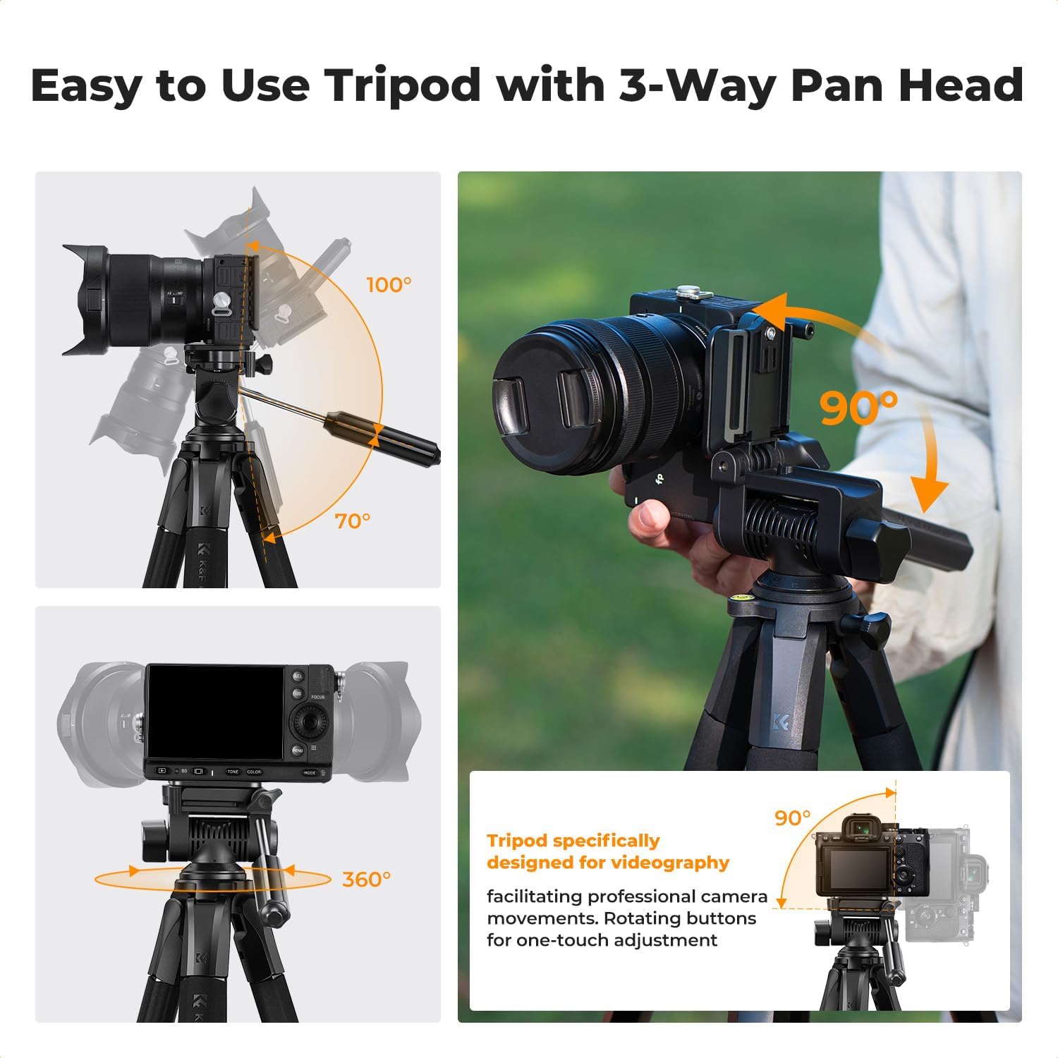 K&F CONCEPT 75 Portable Camera Tripod, Black