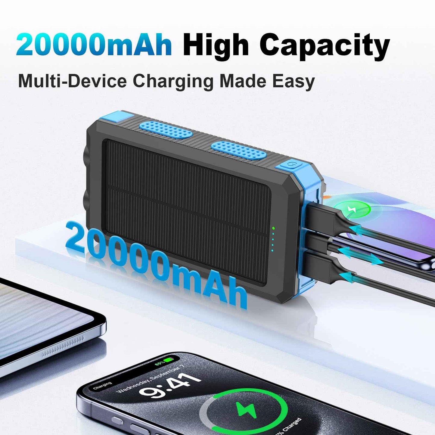 Solar Power Bank 20000mAh with 4 Cables & Flashlights