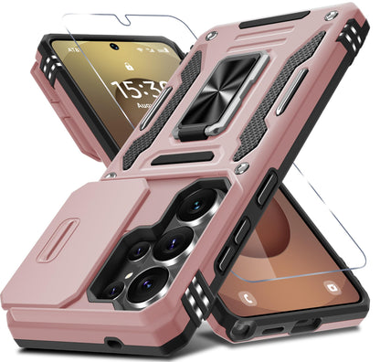 DEERLAMN Case for Samsung Galaxy A17 5G with Slide Camera Cover+Screen Protector (1 Pack), Rotated Ring Kickstand Military Grade Shockproof Protective Cover-Black