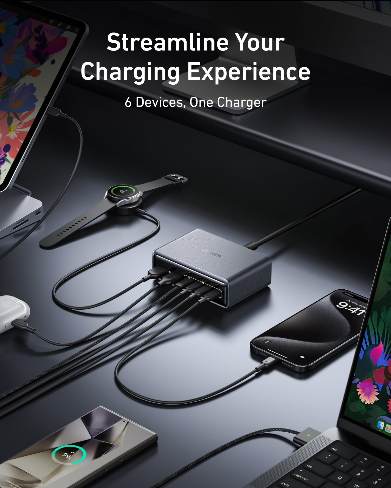 Anker Prime Charging Station, 200W 6-Port GaN Desktop Charger, Fast Charging USB C Charger for Multiple Devices, Compatible with iPhone, Galaxy, MacBook, Dell and More