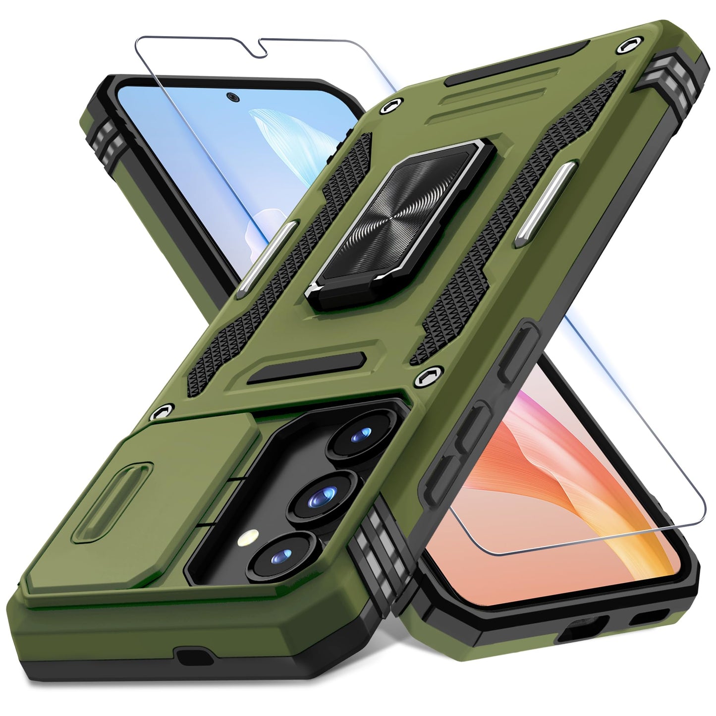 DEERLAMN Case for Samsung Galaxy A17 5G with Slide Camera Cover+Screen Protector (1 Pack), Rotated Ring Kickstand Military Grade Shockproof Protective Cover-Black