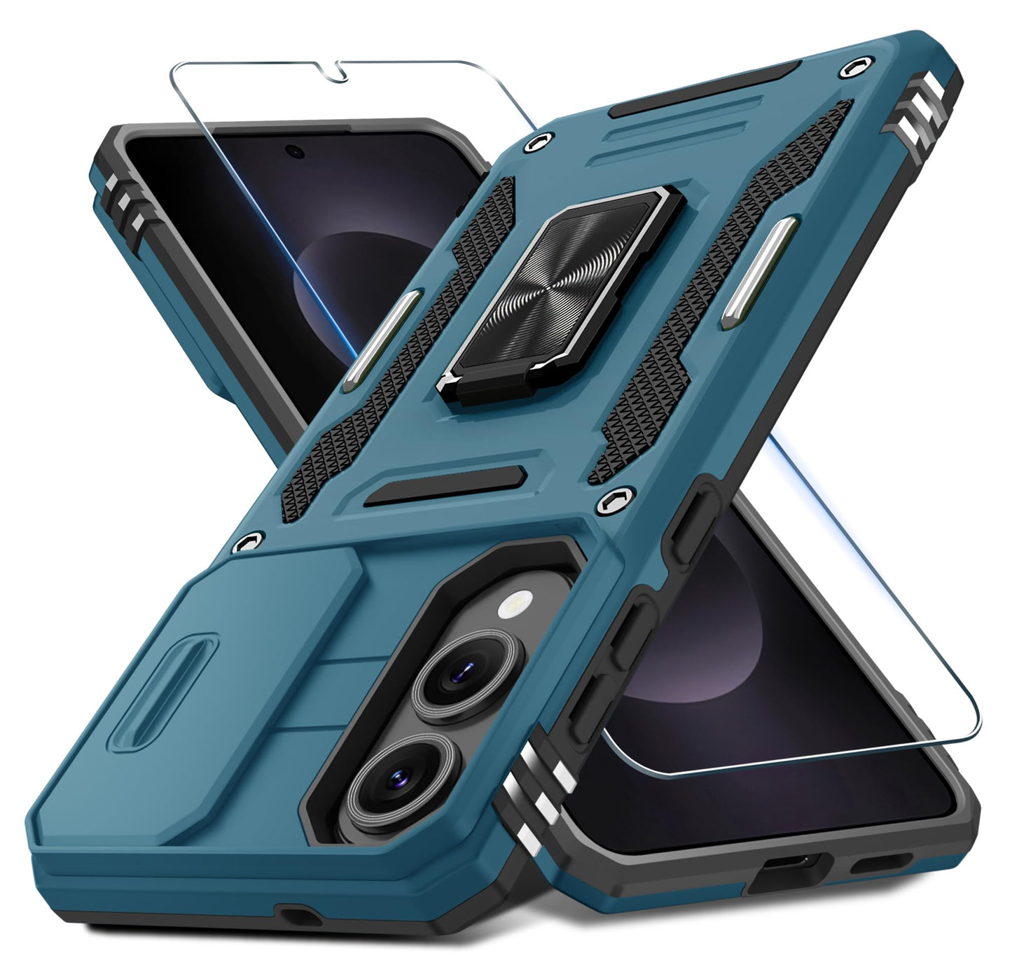 DEERLAMN Case for Samsung Galaxy A17 5G with Slide Camera Cover+Screen Protector (1 Pack), Rotated Ring Kickstand Military Grade Shockproof Protective Cover-Black