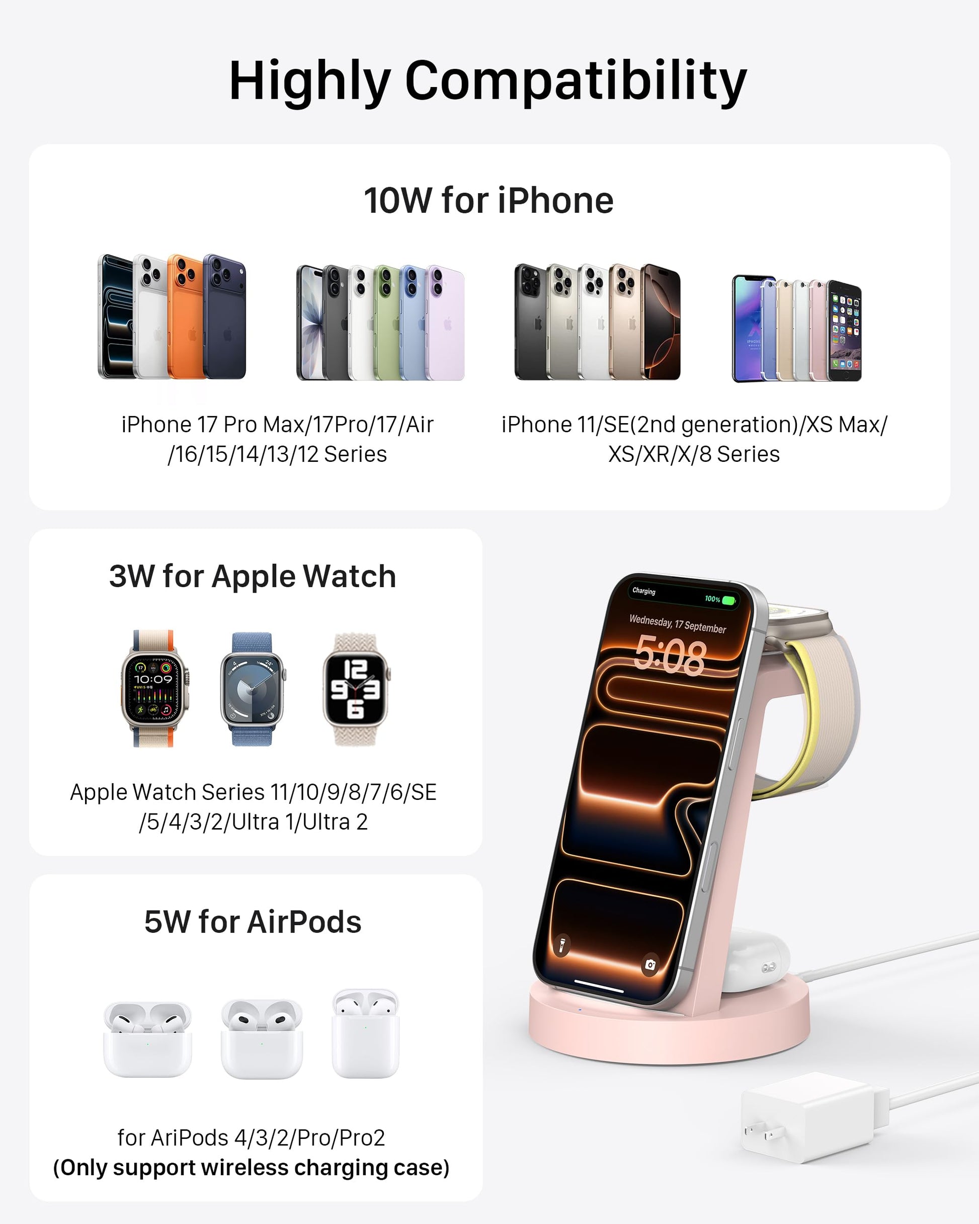 Anlmz 3 in 1 Charging Station for iPhone, Wireless Charger for iPhone 17 16e 16 15 14 13 12 11 X Pro Max & Apple Watch - Charging Stand Dock for AirPods (Pink)