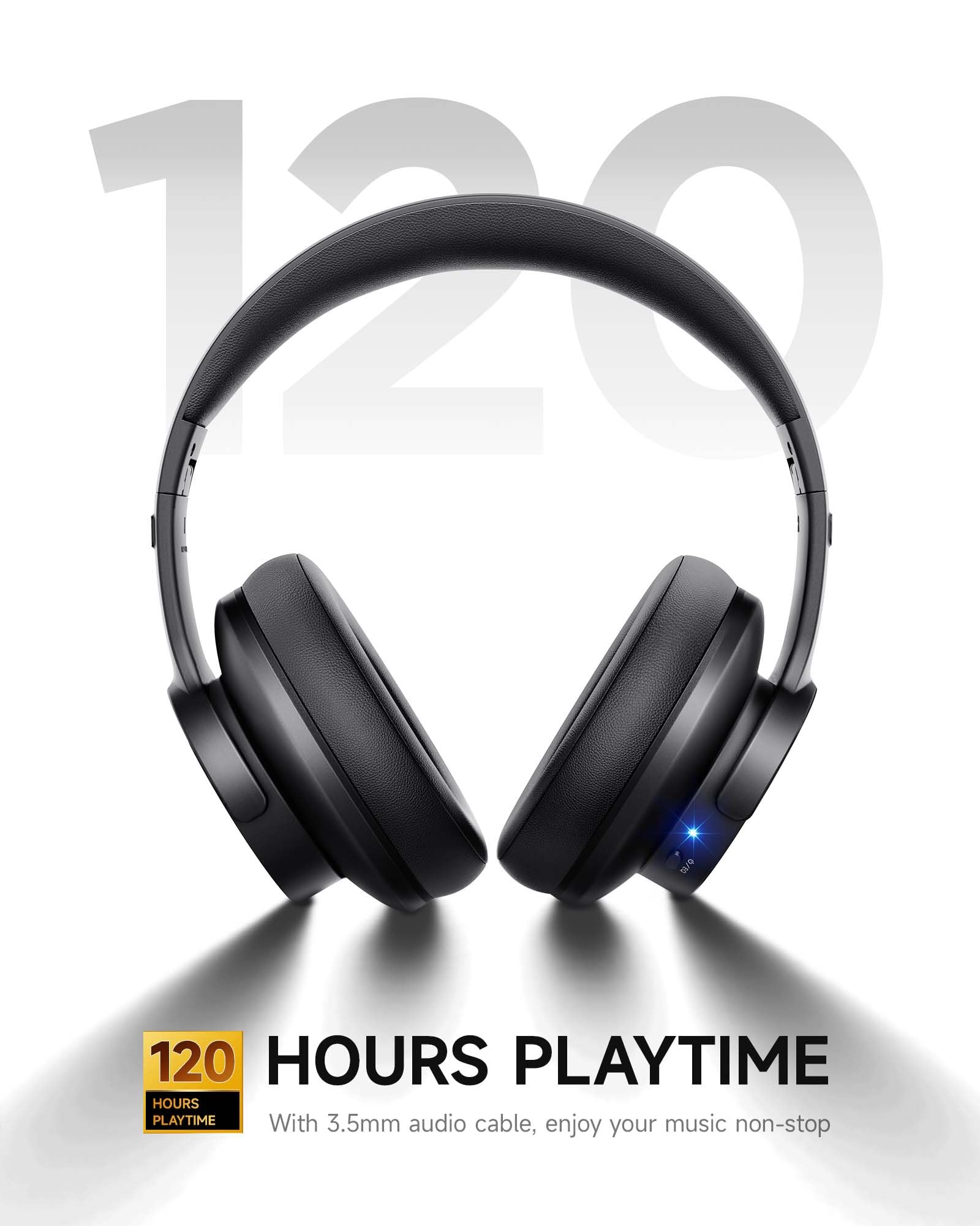 Picun B8 Bluetooth Headphones, 120H Playtime Headphone Wireless Bluetooth with 3 EQ Modes, Low Latency, Hands-Free Calls, Over Ear Headphones for Travel Home Office Cellphone PC Black