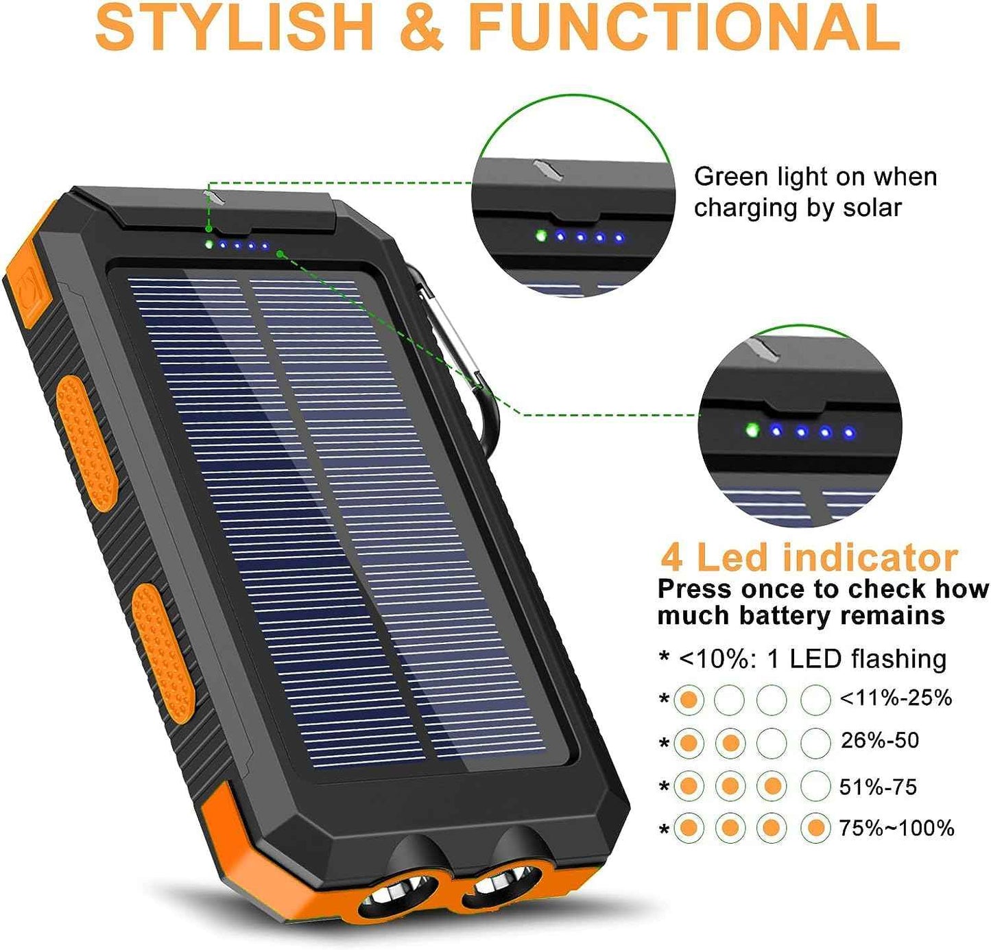 Solar Power Bank 20000mAh with 4 Cables & Flashlights