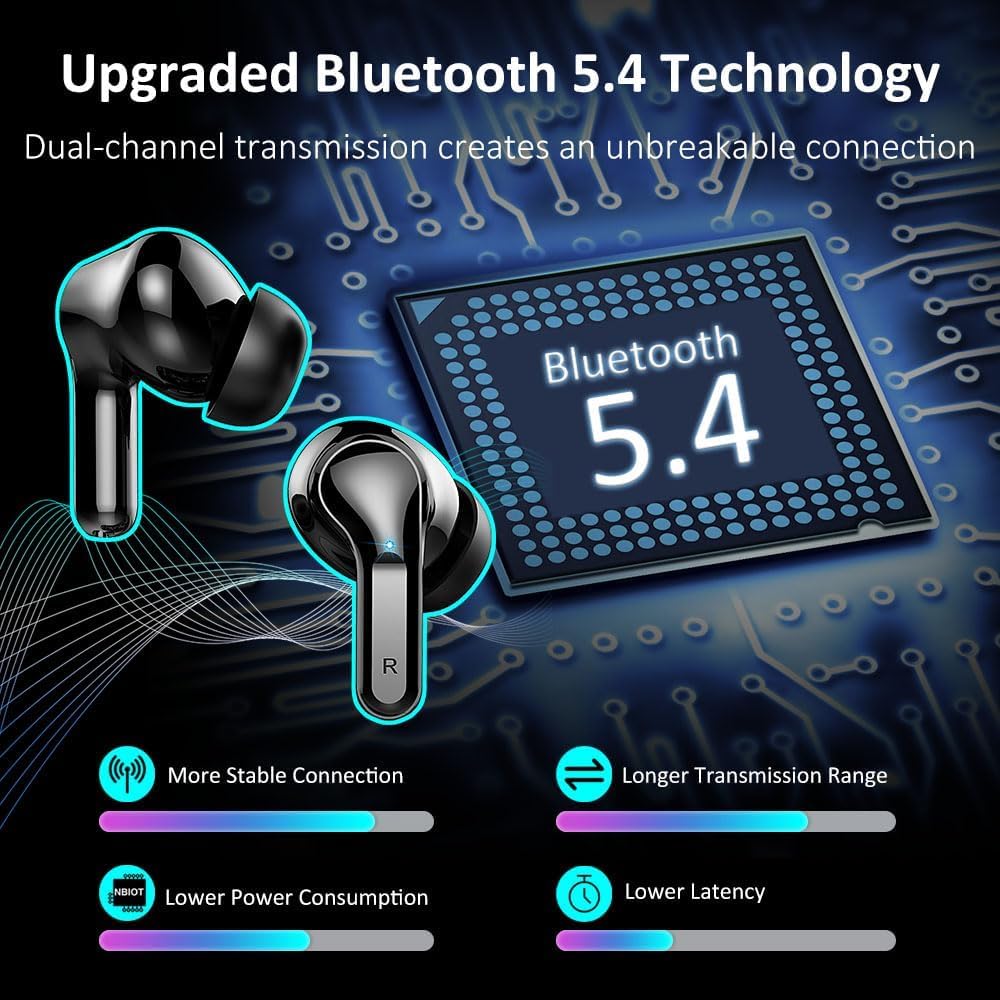 Wireless Earbuds, 2026 Bluetooth 5.4 Headphones NEW Ear Buds 40H Bass Stereo in-Ear Earphones ENC Noise Cancelling Earbuds with 4 HD Mic, USB-C LED Display IP7 Waterproof Sport Headset for Android iOS