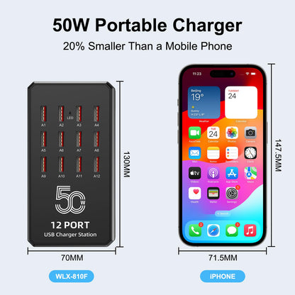 50W 12-Port USB Charging Station for Multiple Devices-Portable USB Charging Hub Compatible with iPhone, Android, Tablet, AirPods & More-Compact Charger Block for Home, Office & Entrepreneur.