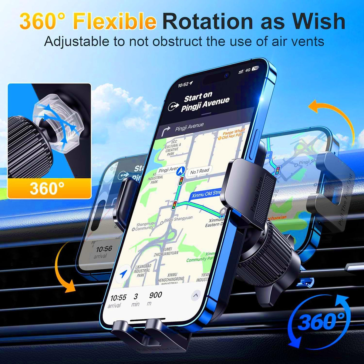 Qifutan Cell Phone Holder for Car Mount Car Vent Phone Mount, 360° Rotatable, Hands-Free Air Vent Holder for iPhone Smartphones Camera Mounts(4-7 Inch)