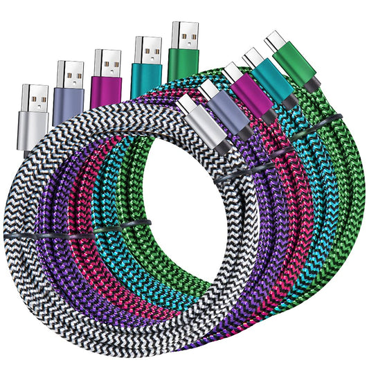 Colorful braided USB cables with silver, blue, green, purple, and pink ends, coiled neatly.