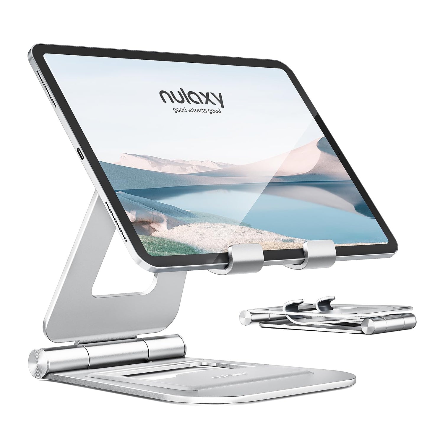 Nulaxy Aluminum Dual Foldable iPad Stand, Fully Adjustable Desktop Tablet Holder, Tablet Accessories for Office Kindle Compatible with Mobile Devices iPad Pro/Air/Mini, iPhone Pro/Max/Plus, Silver