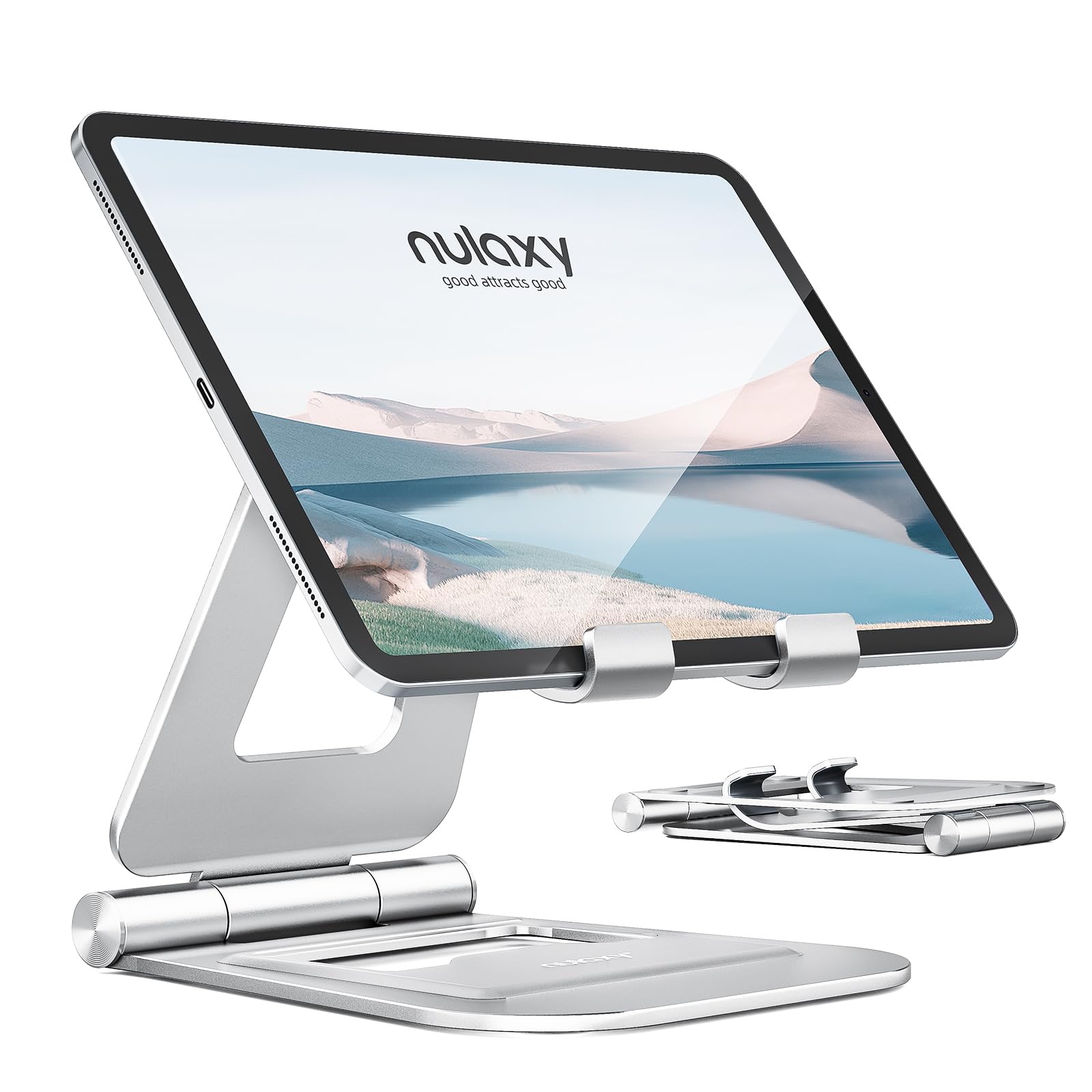 Nulaxy Aluminum Dual Foldable iPad Stand, Fully Adjustable Desktop Tablet Holder, Tablet Accessories for Office Kindle Compatible with Mobile Devices iPad Pro/Air/Mini, iPhone Pro/Max/Plus, Silver