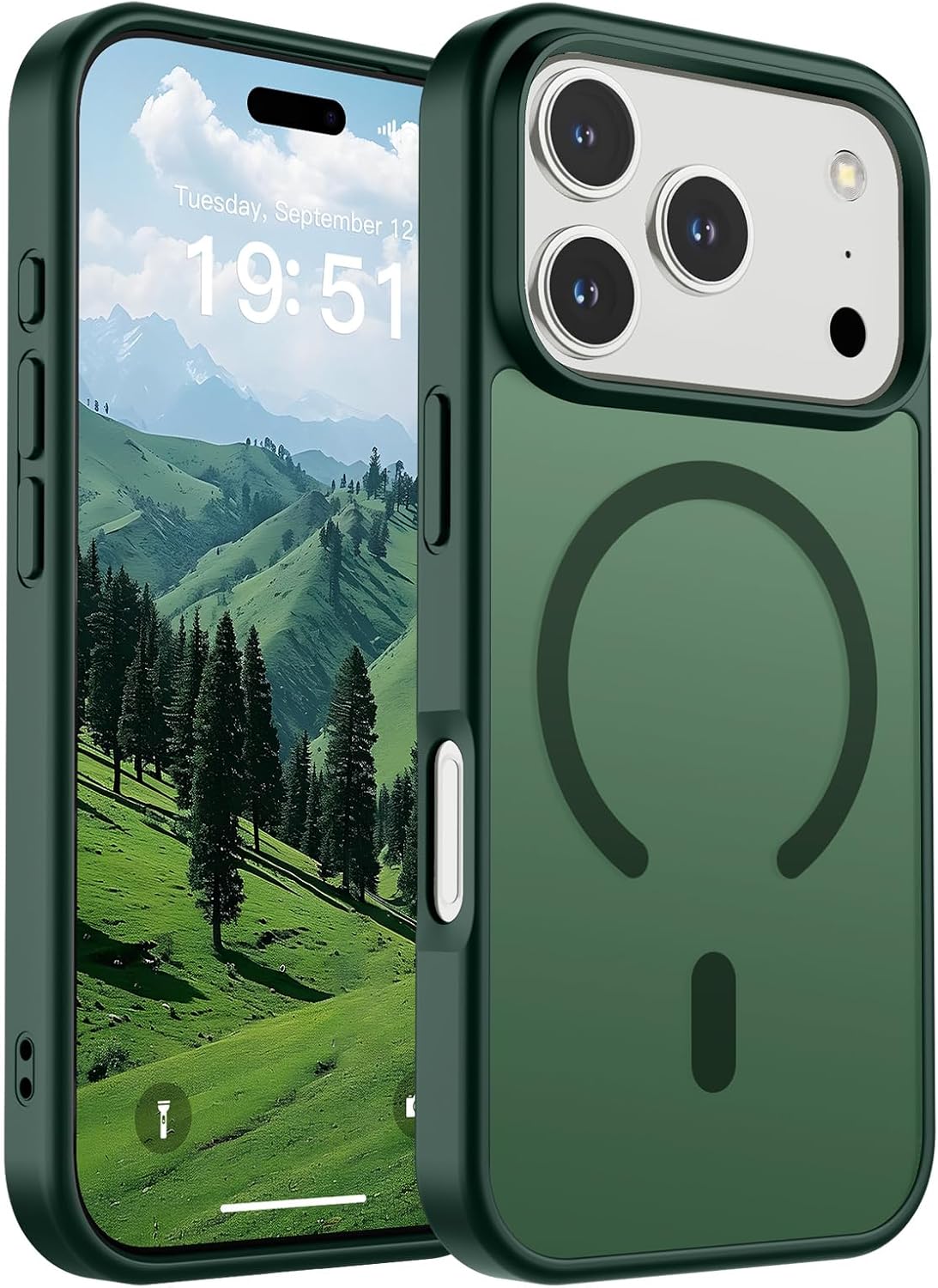Green phone case with MagSafe design, triple camera cutout, and mountain wallpaper on screen.