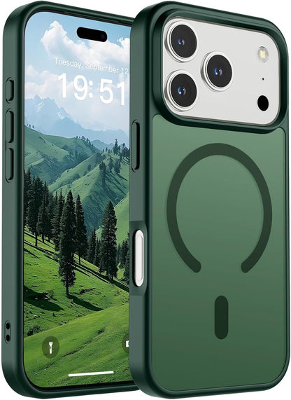 Green phone case with MagSafe design, triple camera cutout, and mountain wallpaper on screen.