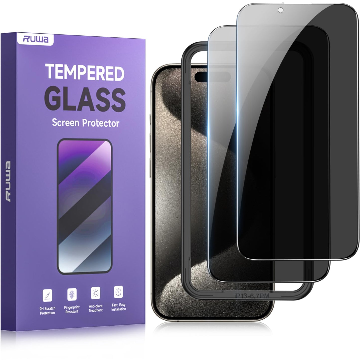 ruwa Privacy Screen Protector for iPhone 13/13 Pro/14/16e [2-Pack][6.1 Inch] Display Tempered Glass Film with Easy Installation Frame, Ultra HD, 9H Hardness, Scratch Resistant, Case Friendly