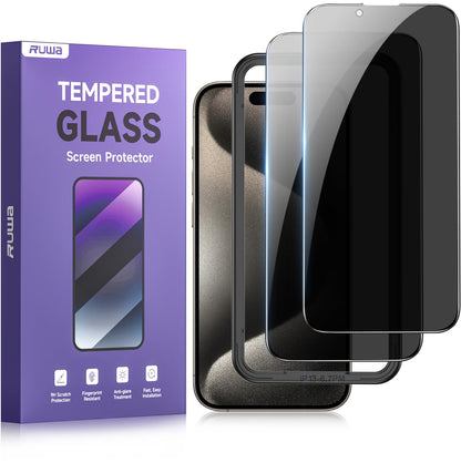 ruwa Privacy Screen Protector for iPhone 13/13 Pro/14/16e [2-Pack][6.1 Inch] Display Tempered Glass Film with Easy Installation Frame, Ultra HD, 9H Hardness, Scratch Resistant, Case Friendly