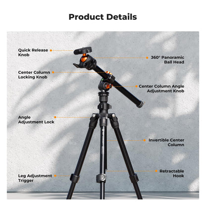 K&F Concept 76 inch Camera Tripod with Rotatable Multi-Angle Center Column,Lightweight Travel Outdoor DSLR Tripods with 360 Degree Ball Head Load Capacity 8kg/17.6lbs, Cellphone Clips for Smartphone
