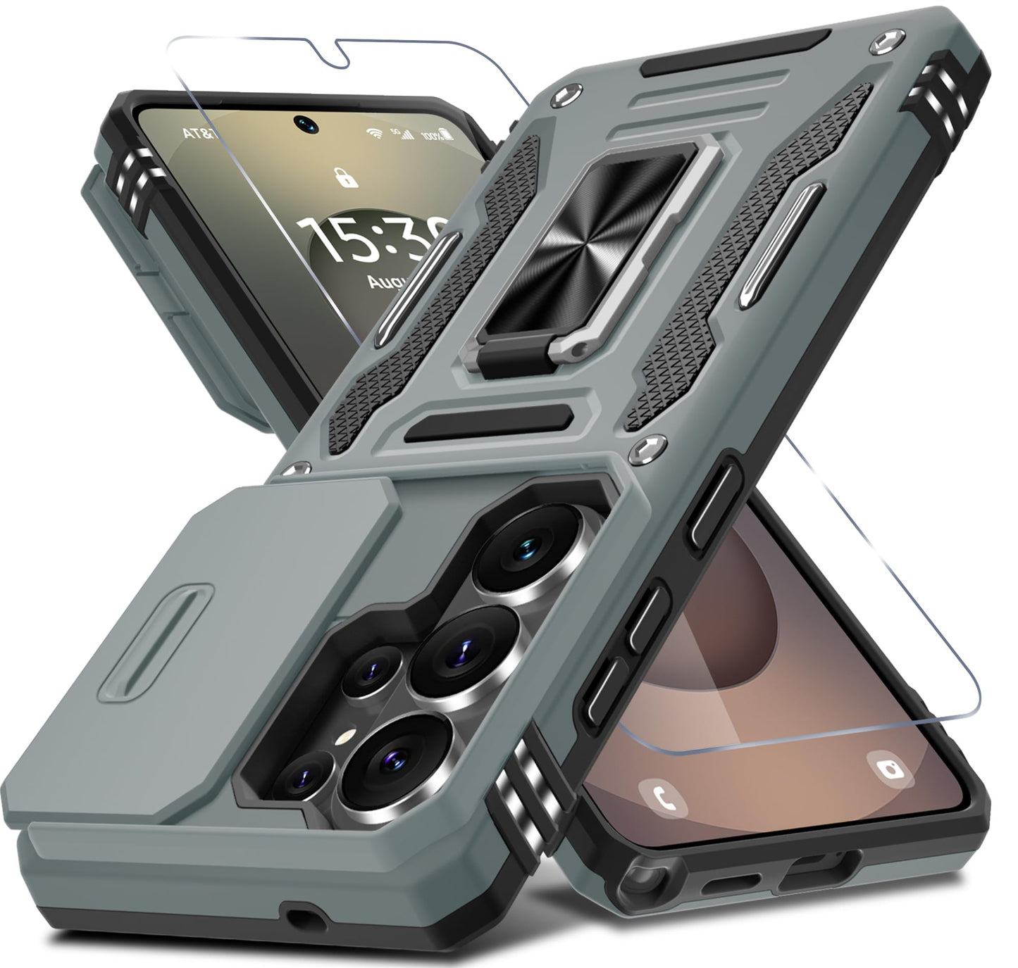 DEERLAMN Case for Samsung Galaxy A17 5G with Slide Camera Cover+Screen Protector (1 Pack), Rotated Ring Kickstand Military Grade Shockproof Protective Cover-Black
