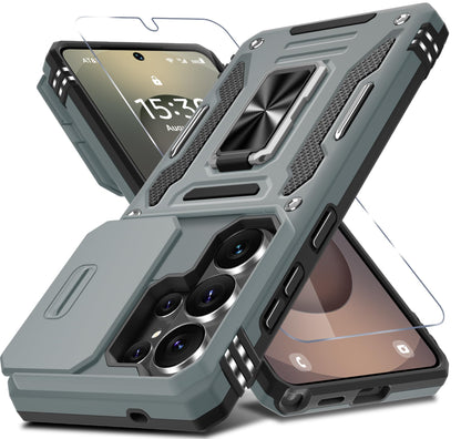 DEERLAMN Case for Samsung Galaxy A17 5G with Slide Camera Cover+Screen Protector (1 Pack), Rotated Ring Kickstand Military Grade Shockproof Protective Cover-Black