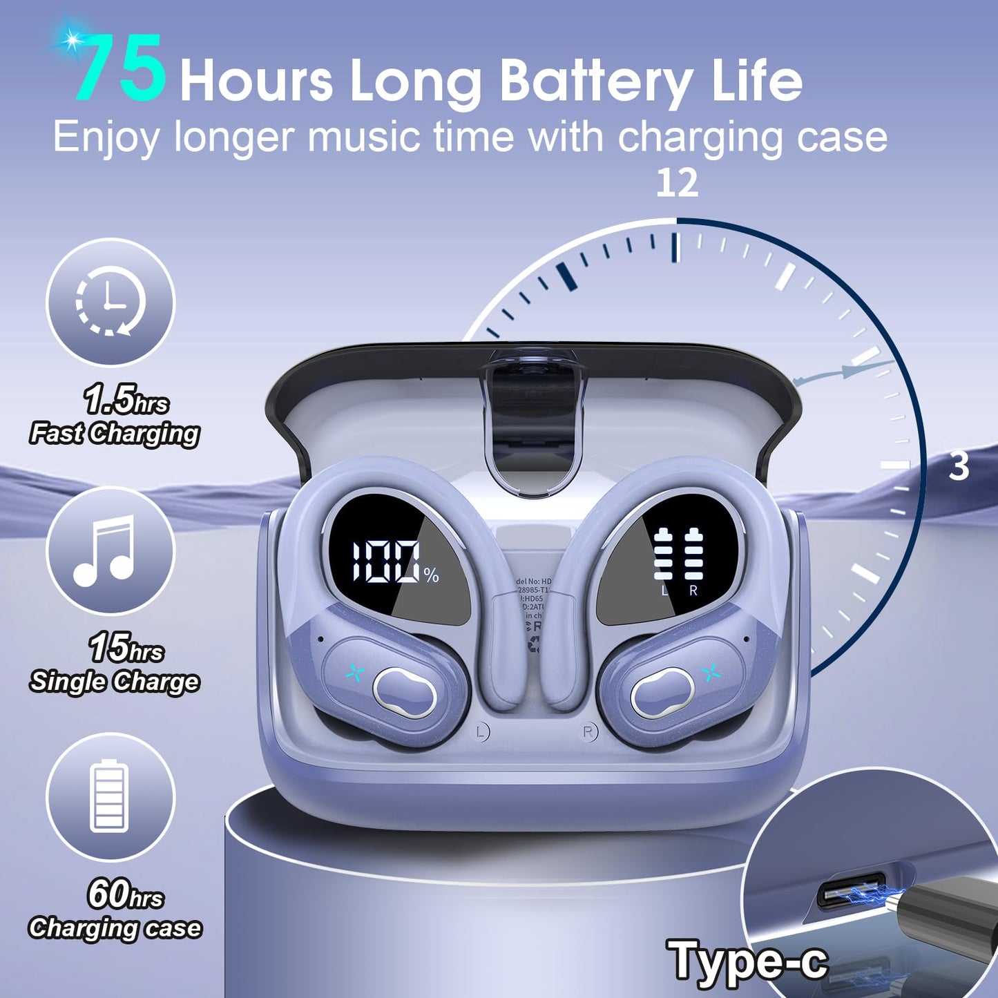 Wireless Earbuds 75hrs Bluetooth 5.4 Sport