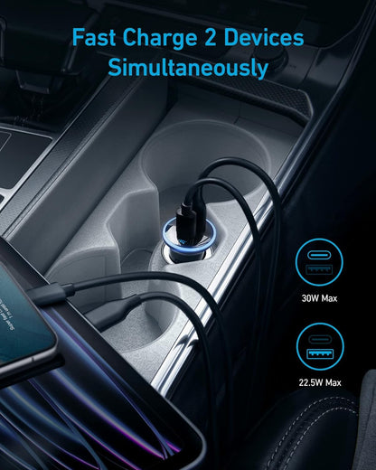 Anker 323 USB-C Car Charger Adapter, 52.5W Cigarette Lighter Charger with 30W PowerIQ 3.0 Fast Charging for iPhone 17/16/15/14/13/12 Series, Galaxy S25/24, Pixel