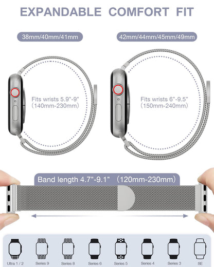 Original Stainless Steel Loop for Apple Watch Band 38mm 40mm 41mm 42mm 44mm 45mm 49mm, Magnetic Clasp Replacement Bands for iwatch Series Ultra SE 8 7 6 5 4 3 2 1, Women & Men Watch Strap for Apple