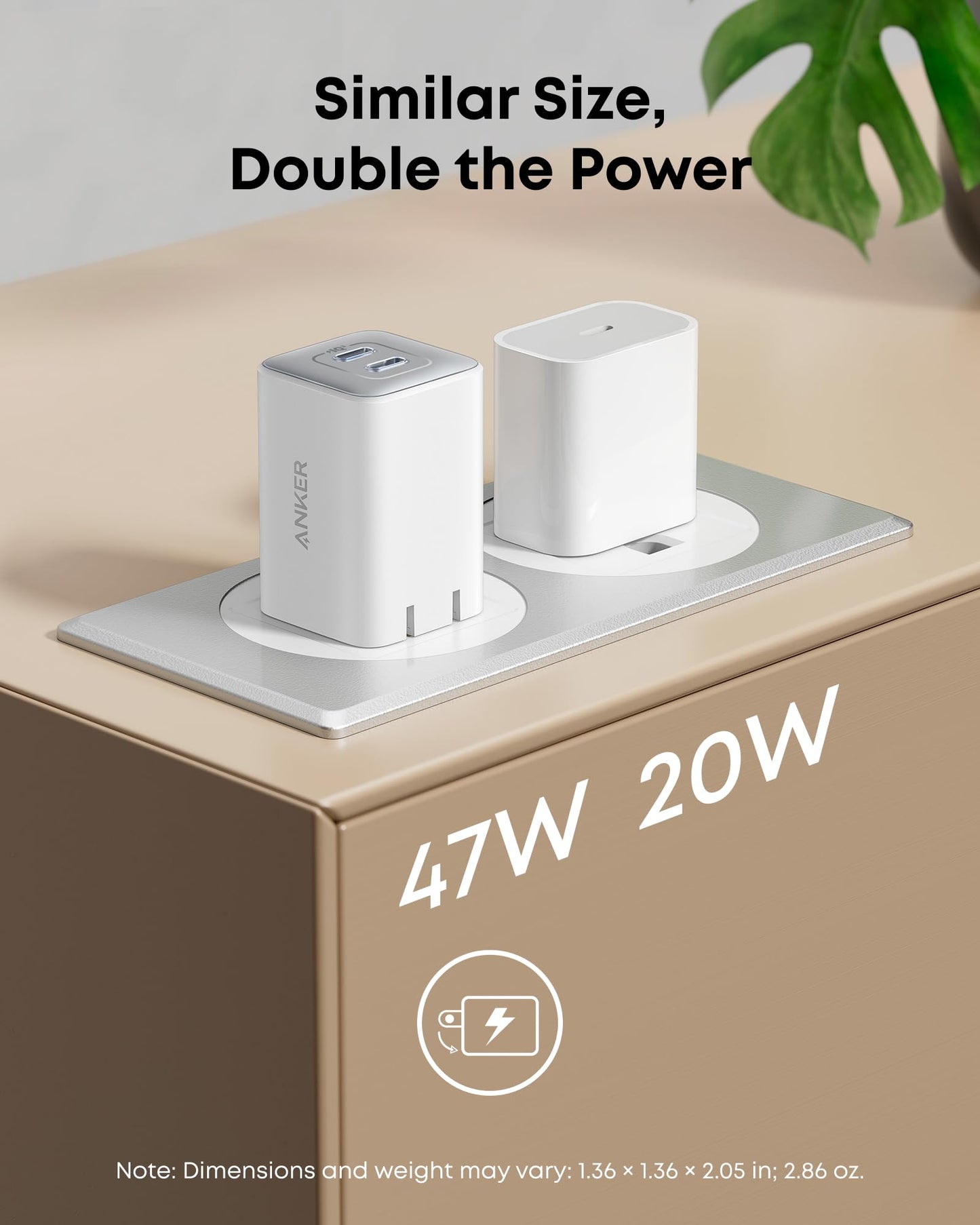 Anker Nano 47W USB C Charger, 2 Port Compact Foldable GaN Charger for iPhone 17 / 16, Galaxy, Pixel, Compatible with MagSafe (White)